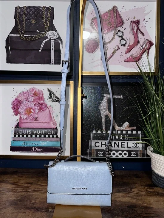 Michael Kors Light Blue Pebbled Leather Chain Crossbody - Picture 2 of 9